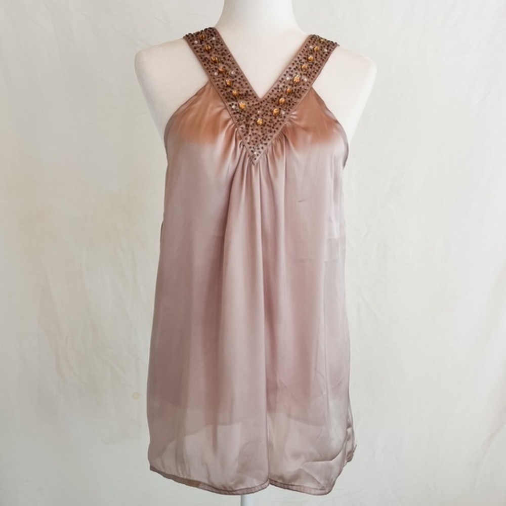 Francesca’s Women’s Glass Beaded V-Neck Satin Tunic